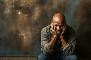 Courageous cancer patient embracing baldness background with empty space for text photo