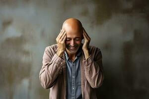 Courageous cancer patient embracing baldness background with empty space for text photo