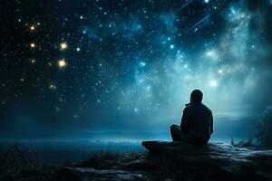 Cancer patient gazing at the stars background with empty space for text photo