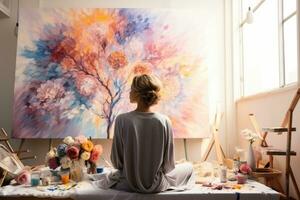 Cancer patient painting on canvas background with empty space for text photo