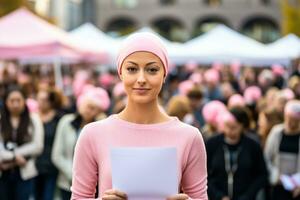 Cancer patient advocating at rally background with empty space for text photo