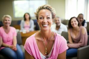 Moved cancer patient contributing wisdom in heart warming support group meeting photo