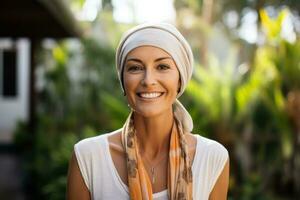 Brave cancer warrior radiating resilience amidst challenging chemotherapy sessions photo