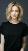 Beautiful blonde girl with a short hair. Generative AI photo