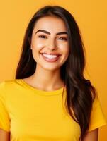 Happy European woman in casual clothing against a neutral background AI Generative photo