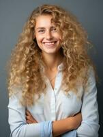 Happy European woman in casual clothing against a neutral background AI Generative photo