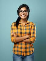 Happy European woman in casual clothing against a neutral background AI Generative photo