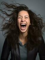 Happy European woman in casual clothing against a neutral background AI Generative photo