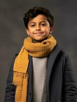 Happy Indian kid in casual clothing against a neutral background AI Generative photo