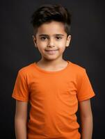 Happy Indian kid in casual clothing against a neutral background AI Generative photo