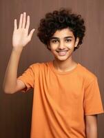 Happy Indian kid in casual clothing against a neutral background AI Generative photo