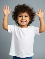 Happy Indian kid in casual clothing against a neutral background AI Generative photo