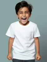 Happy Indian kid in casual clothing against a neutral background AI Generative photo