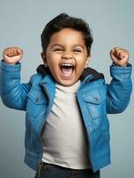 Happy Indian kid in casual clothing against a neutral background AI Generative photo