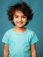 Happy Indian kid in casual clothing against a neutral background AI Generative photo