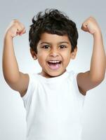 Happy Indian kid in casual clothing against a neutral background AI Generative photo