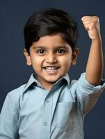 Happy Indian kid in casual clothing against a neutral background AI Generative photo