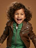 Happy Indian kid in casual clothing against a neutral background AI Generative photo