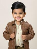 Happy Indian kid in casual clothing against a neutral background AI Generative photo