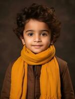 Happy Indian kid in casual clothing against a neutral background AI Generative photo