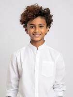 Happy Indian kid in casual clothing against a neutral background AI Generative photo