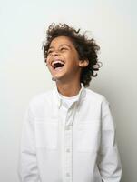 Happy Indian kid in casual clothing against a neutral background AI Generative photo