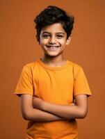 Happy Indian kid in casual clothing against a neutral background AI Generative photo