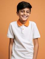 Happy Indian kid in casual clothing against a neutral background AI Generative photo