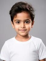 contento indio niño en casual ropa en contra un neutral antecedentes ai generativo foto