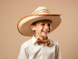 Happy Mexican kid in casual clothing against a neutral background AI Generative photo