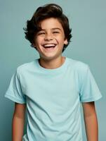 Happy Mexican kid in casual clothing against a neutral background AI Generative photo