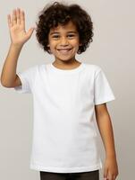 Happy Mexican kid in casual clothing against a neutral background AI Generative photo