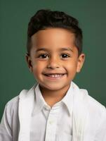 Happy Mexican kid in casual clothing against a neutral background AI Generative photo