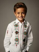 Happy Mexican kid in casual clothing against a neutral background AI Generative photo