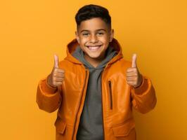 Happy Mexican kid in casual clothing against a neutral background AI Generative photo