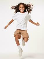 Happy Mexican kid in casual clothing against a neutral background AI Generative photo