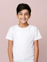 Happy Mexican kid in casual clothing against a neutral background AI Generative photo