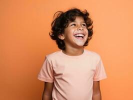 Happy Mexican kid in casual clothing against a neutral background AI Generative photo