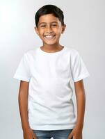 Happy Mexican kid in casual clothing against a neutral background AI Generative photo