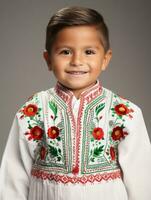 contento mexicano niño en casual ropa en contra un neutral antecedentes ai generativo foto