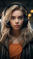 Beautiful girl wearing headset. Generative AI photo