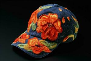 A baseball cap with an embroidered flower photo