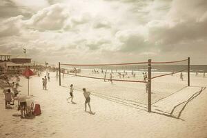 A beach volleyball game in progress photo