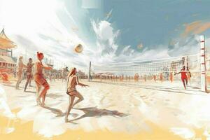 A beach volleyball game in progress photo