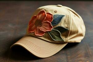 A baseball cap with an embroidered flower photo