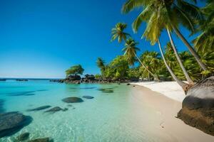 A beach with palm trees and crystal-clear water photo