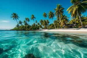 A beach with palm trees and crystal-clear water photo