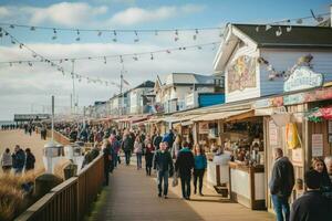 A boardwalk filled with tasty food and festive stal photo