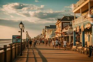 A bustling seaside boardwalk with lots of activity photo