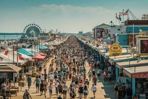 A bustling seaside boardwalk with lots of activity photo